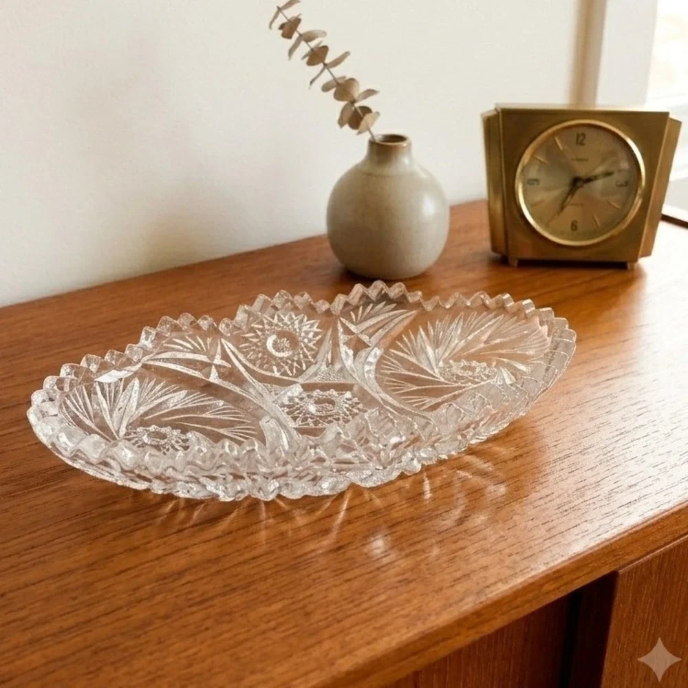 Vintage Cambridge Glass Crystal Dish Clear Scalloped Pinwheel Regencycore Decor